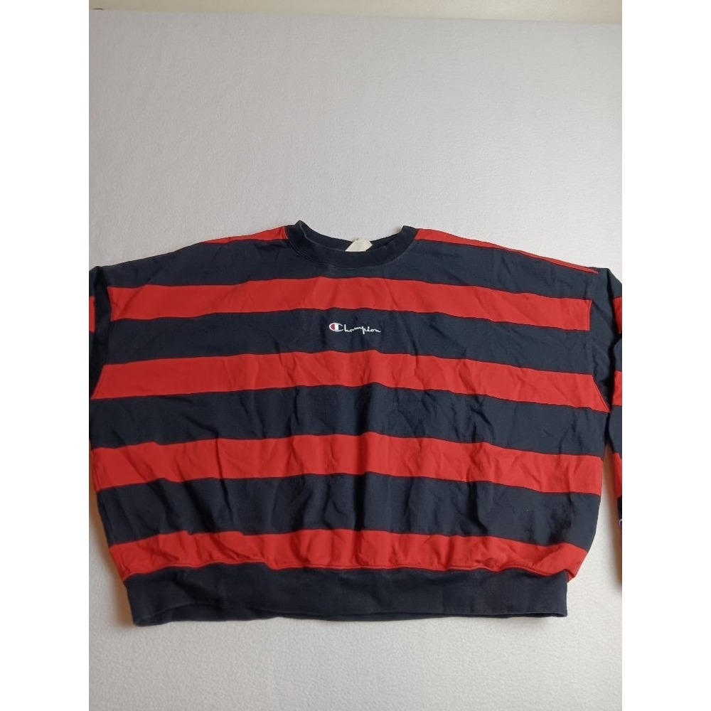 Champion Mens Small Striped Sweatshirt Navy Red Crewneck Script Logo Cotton Sz S
